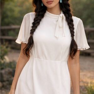 Calvin Klein Cream Tie-Neck Midi Dress with Sheer Flutter Sleeves